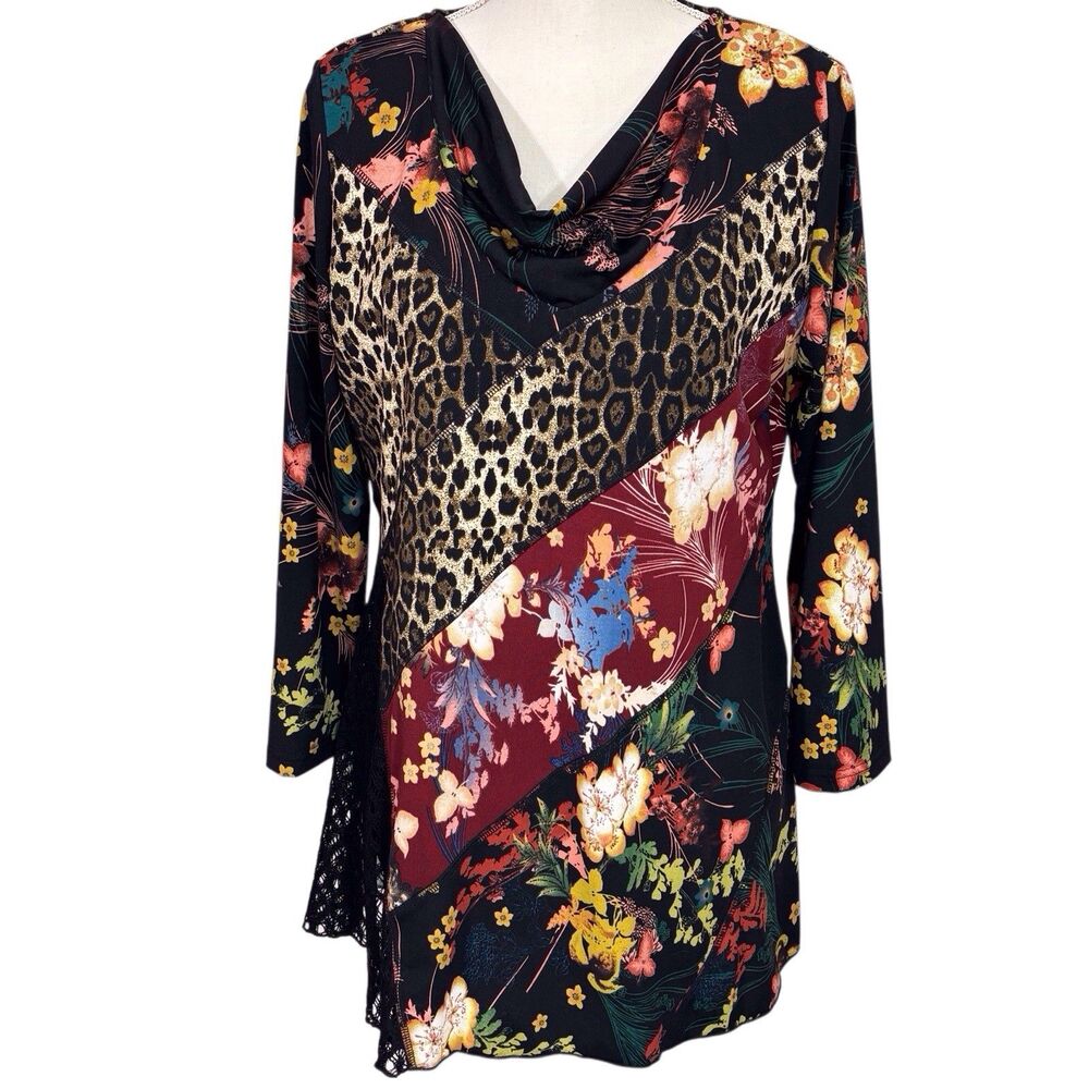 Calessa Cowl Neck Patchwork Tunic Medium Dark Floral Leopard Mixed Print Boho